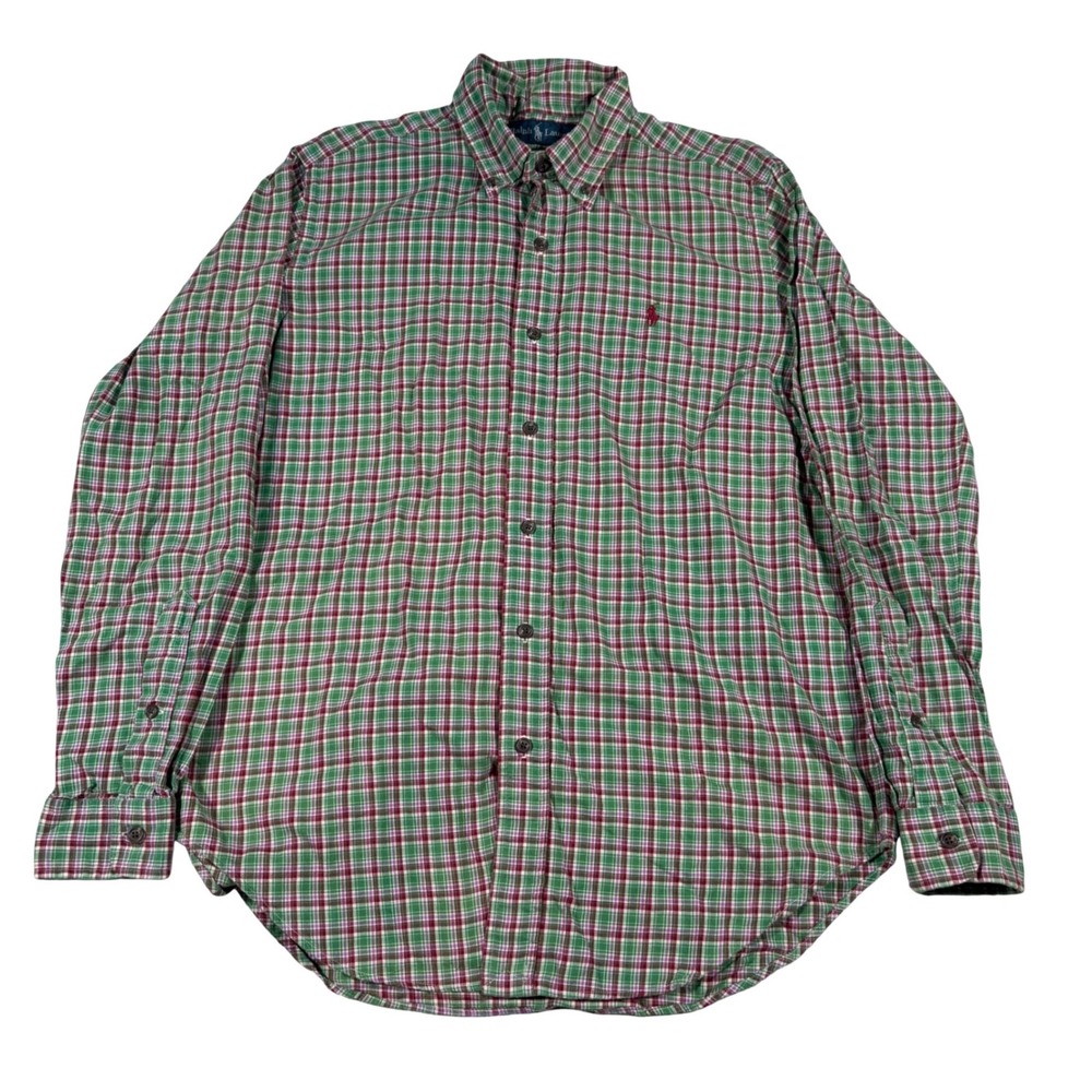 Ralph Lauren Button Down Shirt Mens Medium Green Red Plaid Classic Fit Pony Logo